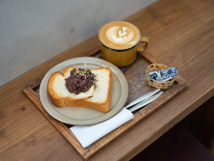 Whipped butter and red bean paste on rice flour toast!
